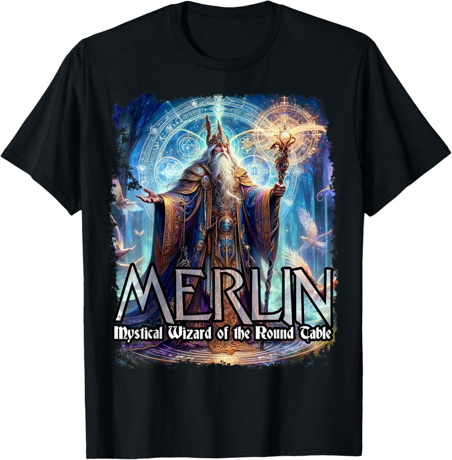Mythothreads Arthurian Mythology Merlin Mystical Wizard of the Round Table Magical Sorcerer , Small, Black T-Shirt - T-Shirt | Black