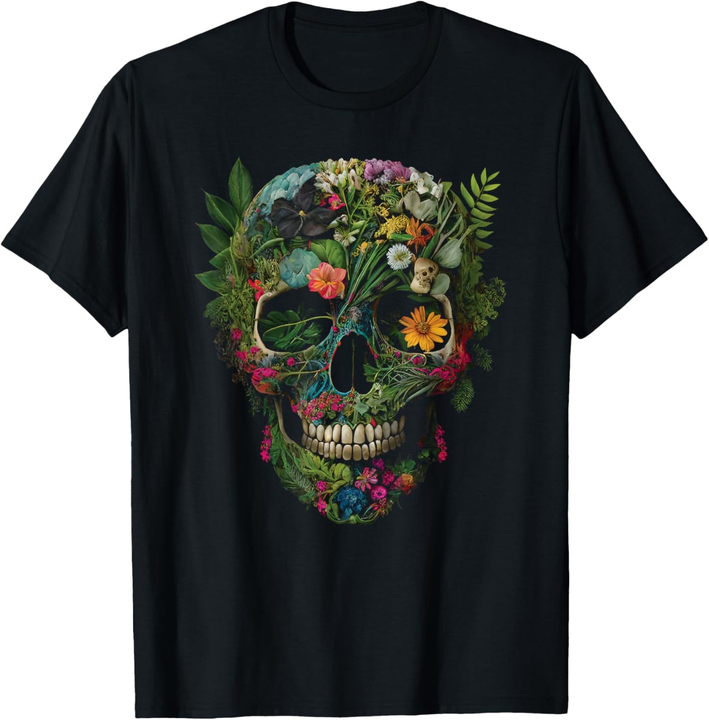 Haunted Botanical Garden Human Skull With Flowers And Plants T-Shirt - T-Shirt | Black