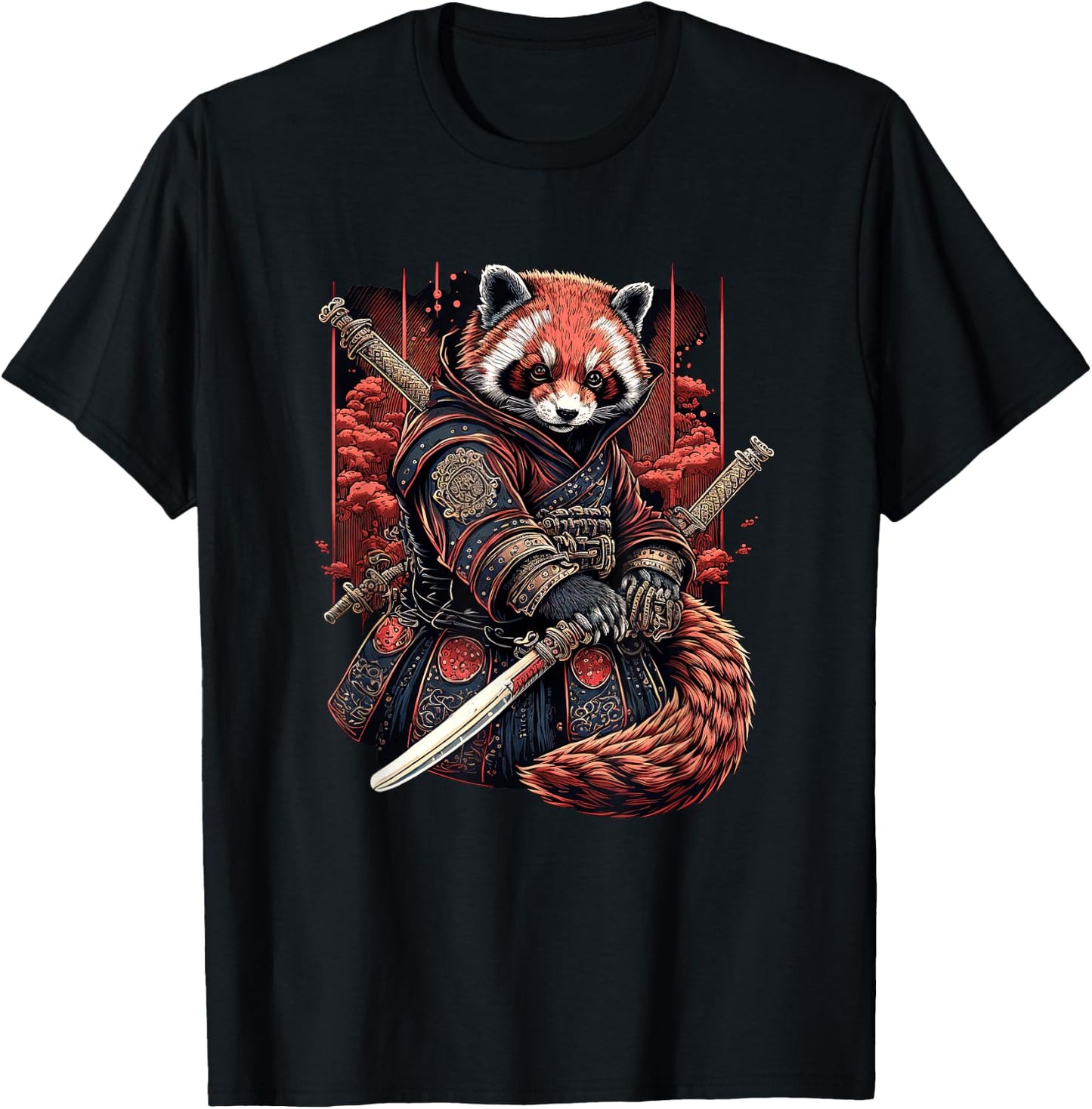 Red Panda Samurai Warrior Japanese Art T-Shirt - T-Shirt | Black
