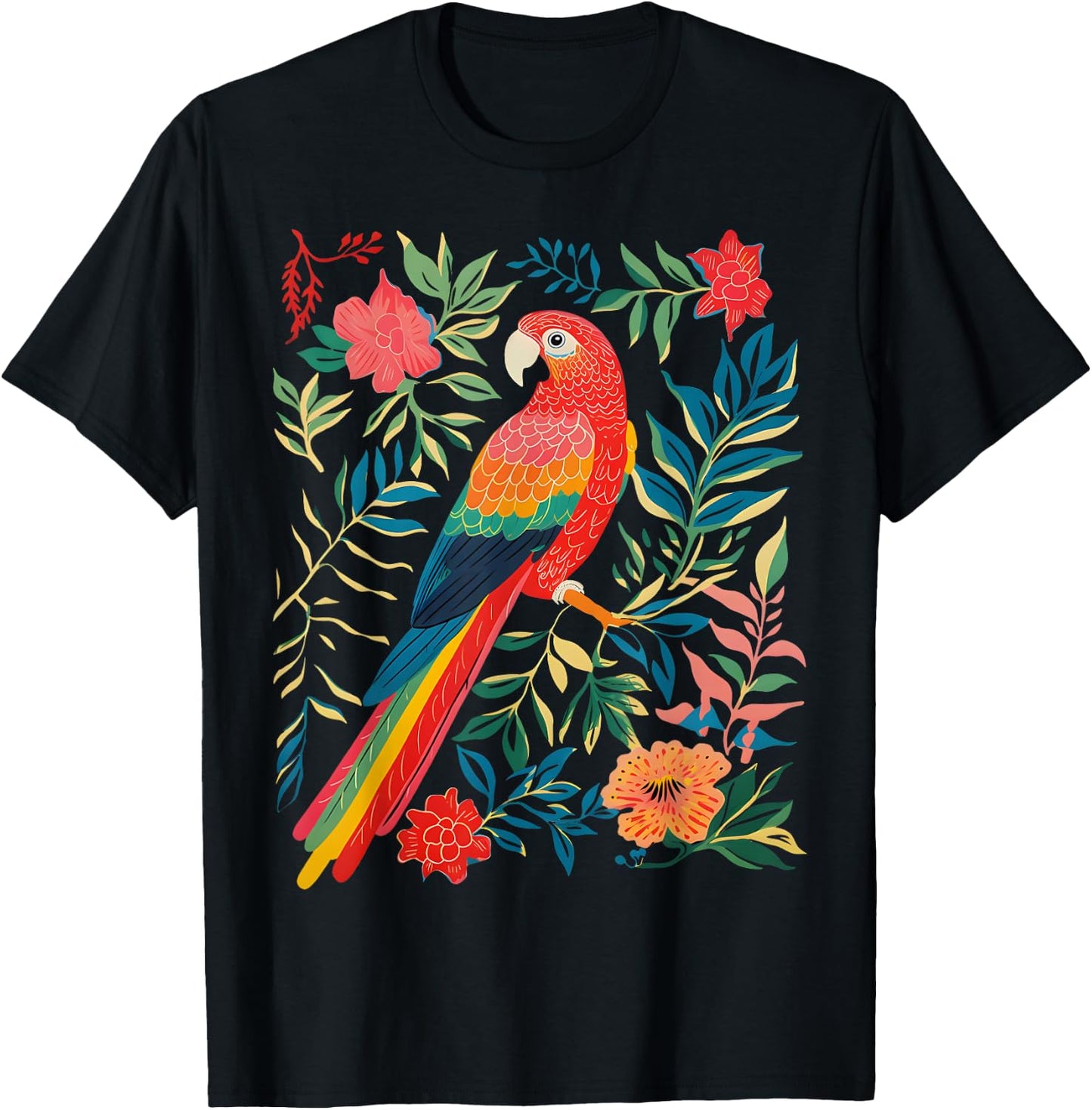 Boho Floral Parrot Scarlet Macaw Birdwatching Bird Lover T-Shirt - T-Shirt | Black