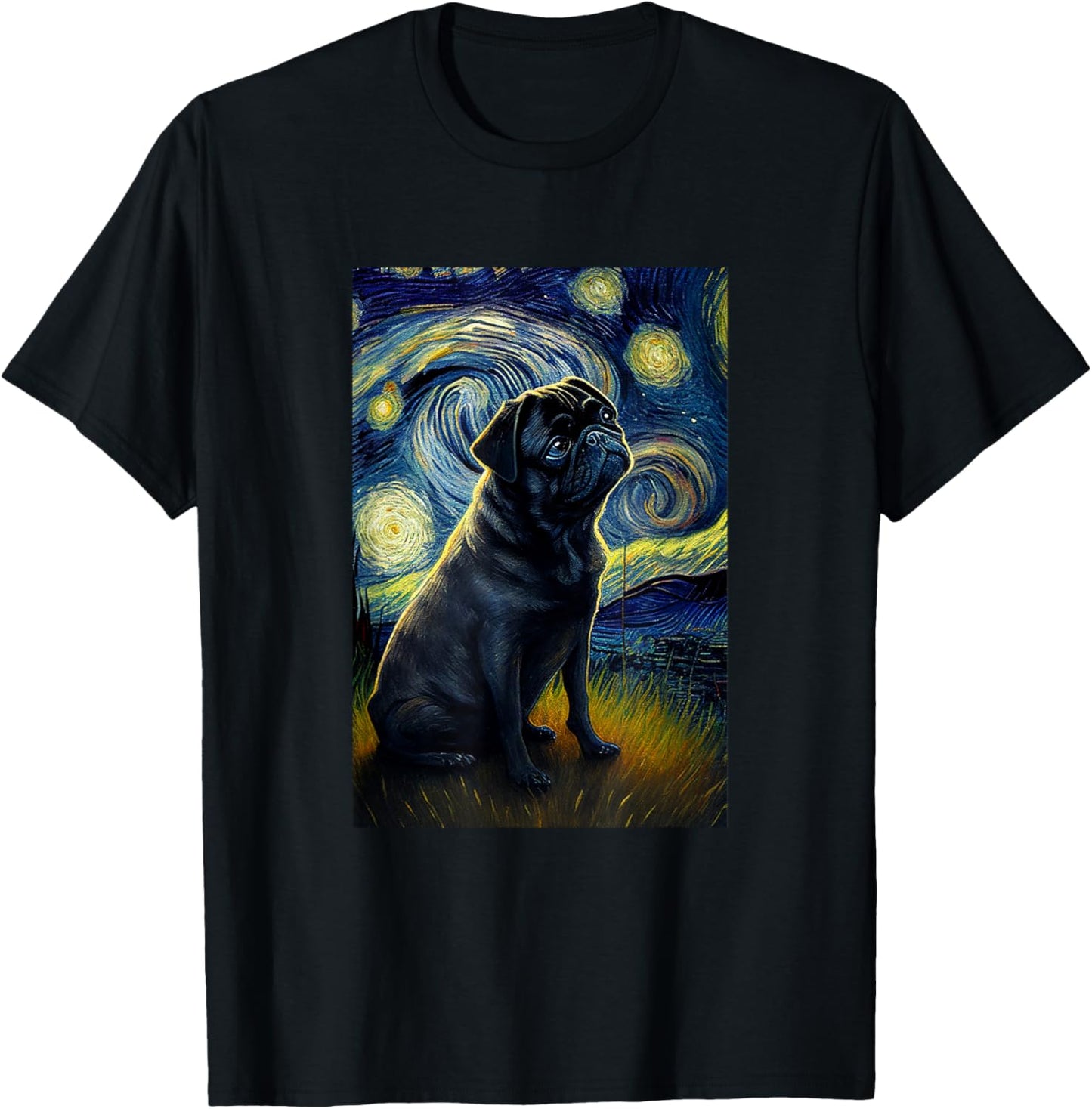 black Pug in Starry Night Painting Dog Mom Dad T-Shirt - T-Shirt | Black