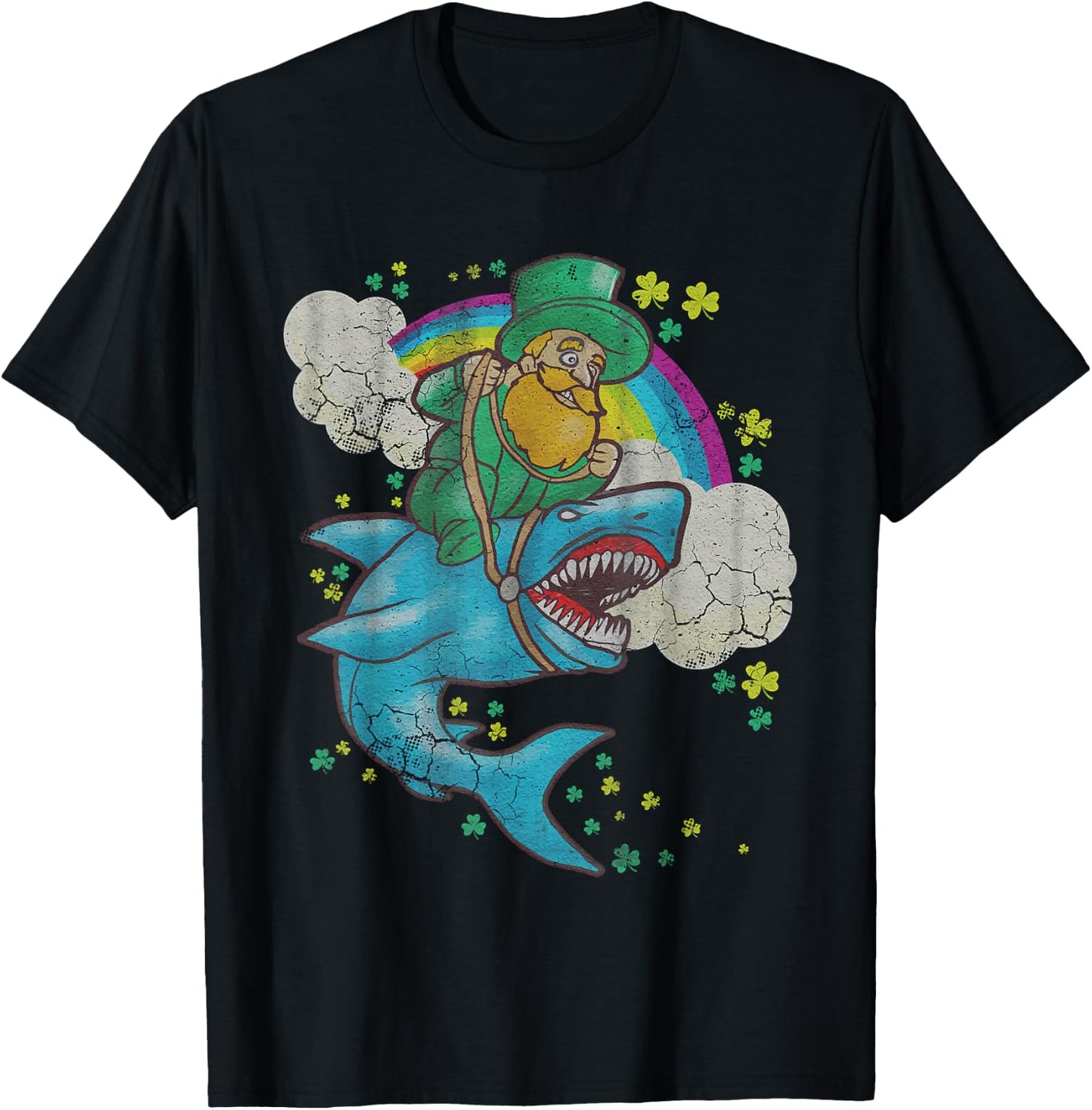 St Patricks Day Irish Leprechaun Riding Shark Kids Boys Girl T-Shirt - T-Shirt | Black
