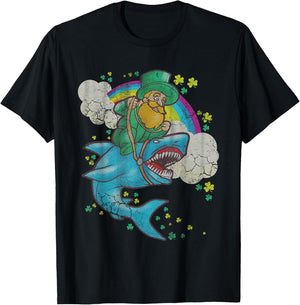 St Patricks Day Irish Leprechaun Riding Shark Kids Boys Girl T-Shirt - T-Shirt | Black
