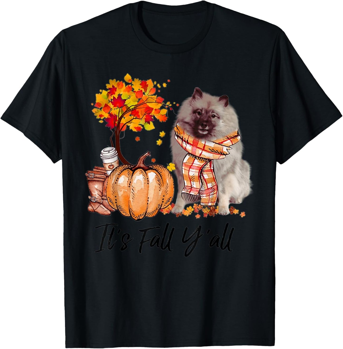 Keeshond It's Fall Y'all Pumpkin Tree Coffee Chocolate T-Shirt - T-Shirt | Black