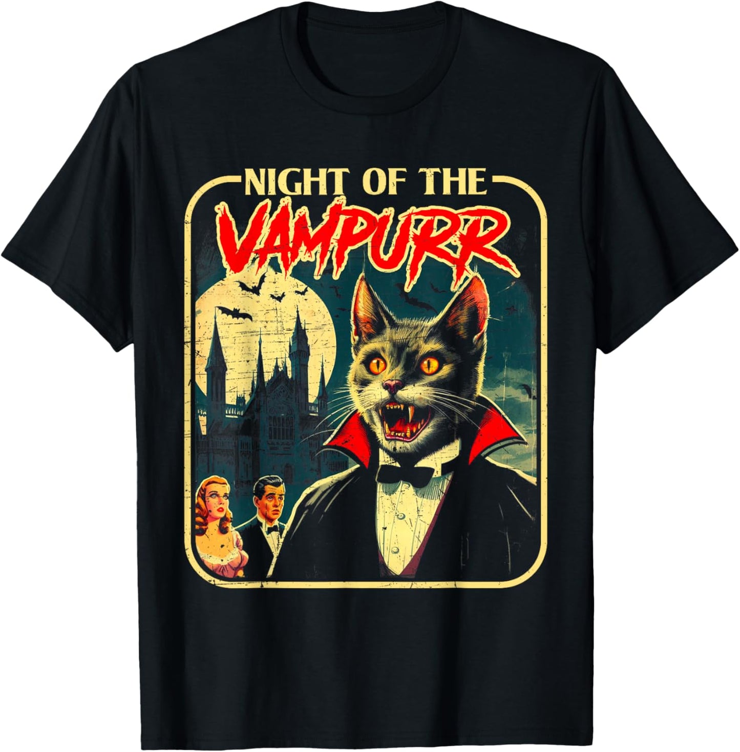 Night of The Vampurr Funny Cat Halloween T-Shirt - T-Shirt | Black