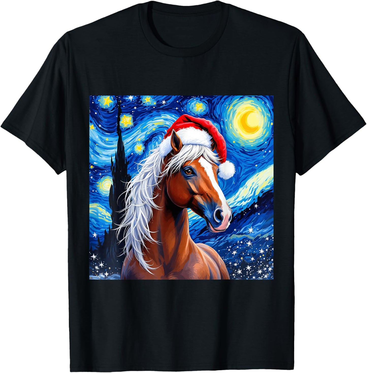 Christmas Horse Santa Hat Van Gogh Starry Night Holiday T-Shirt - T-Shirt | Black