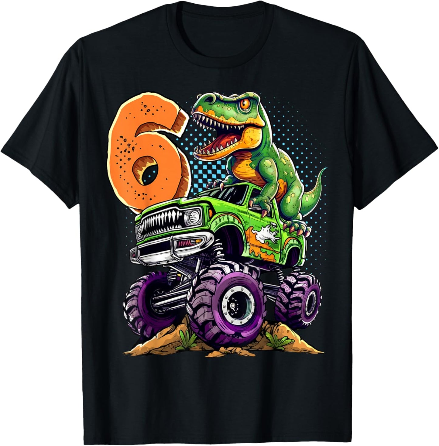 Monster Truck Dinosaur T-Rex 6th Birthday Boy 6 Year Old T-Shirt - T-Shirt | Black