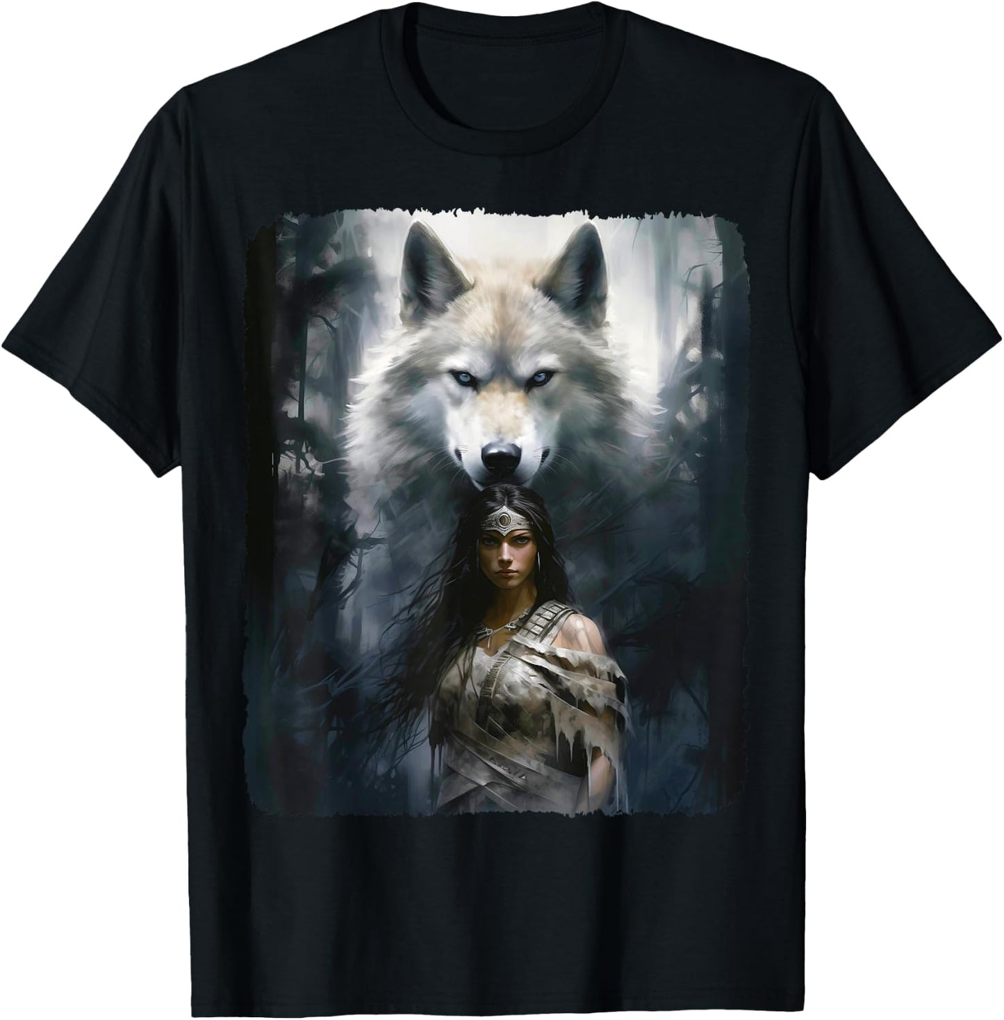 Warrior Woman with a White Wolf Fantasy T-Shirt - T-Shirt | Black