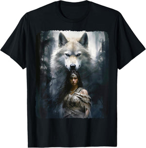 Warrior Woman with a White Wolf Fantasy T-Shirt - T-Shirt | Black