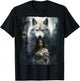 Warrior Woman with a White Wolf Fantasy T-Shirt - T-Shirt | Black