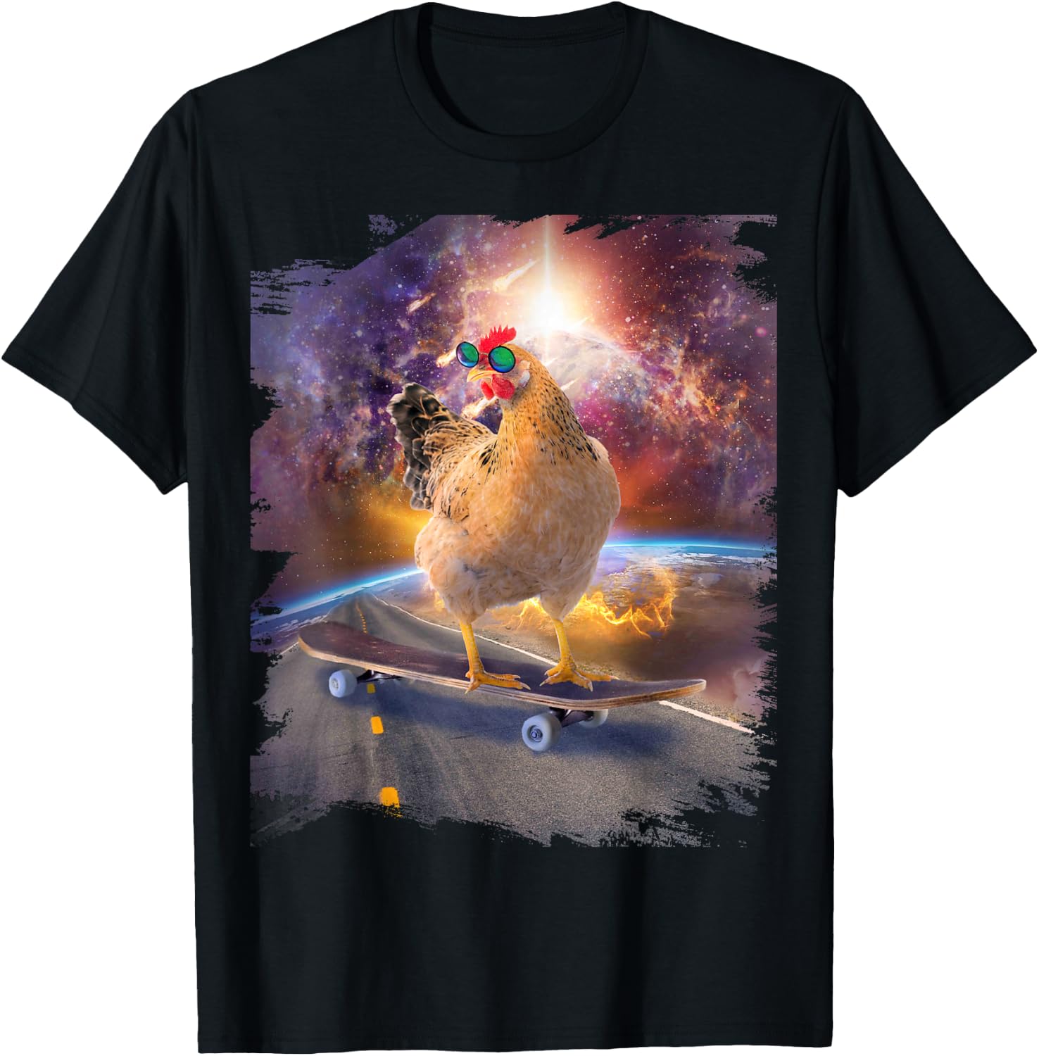 Chicken On Skateboard In Space T-Shirt - T-Shirt | Black