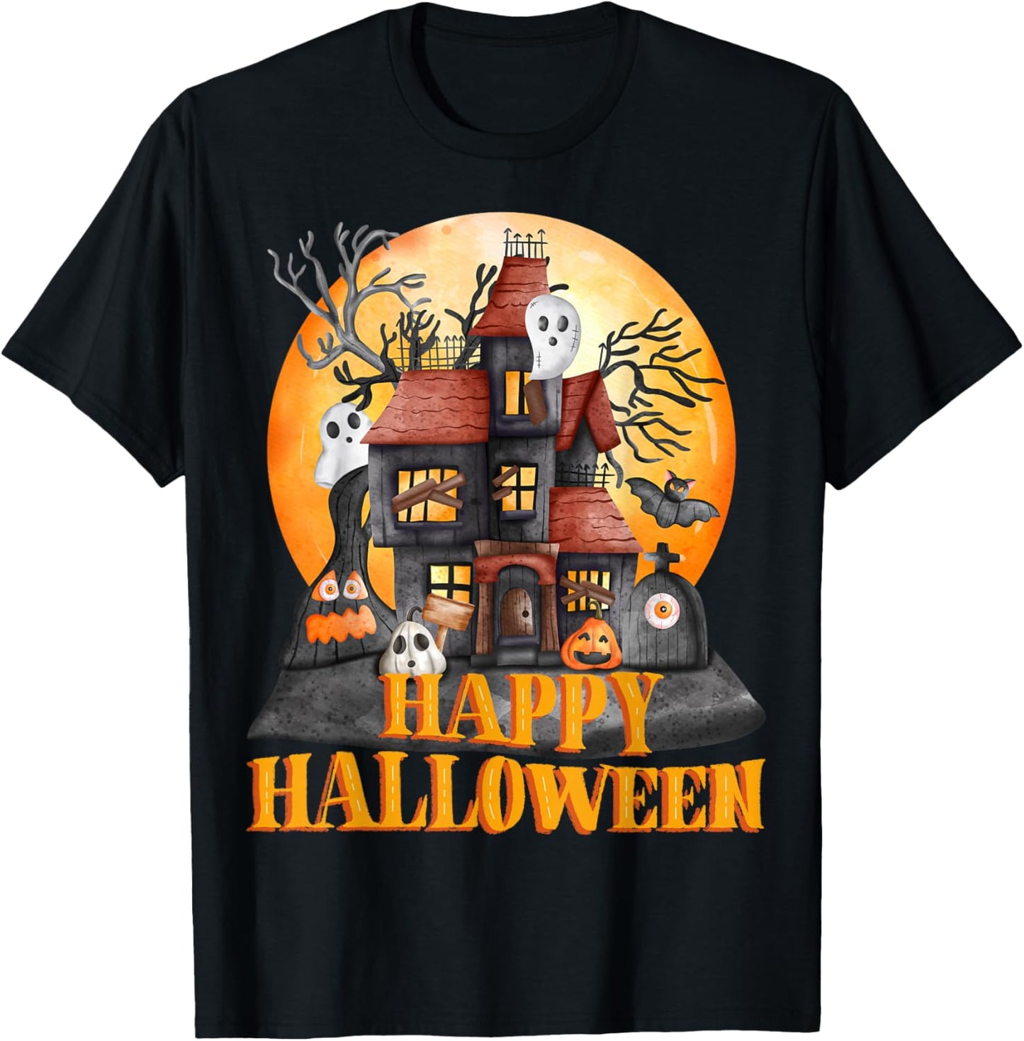 Fall season happy Halloween haunted houses spiders bats T-Shirt - T-Shirt | Black