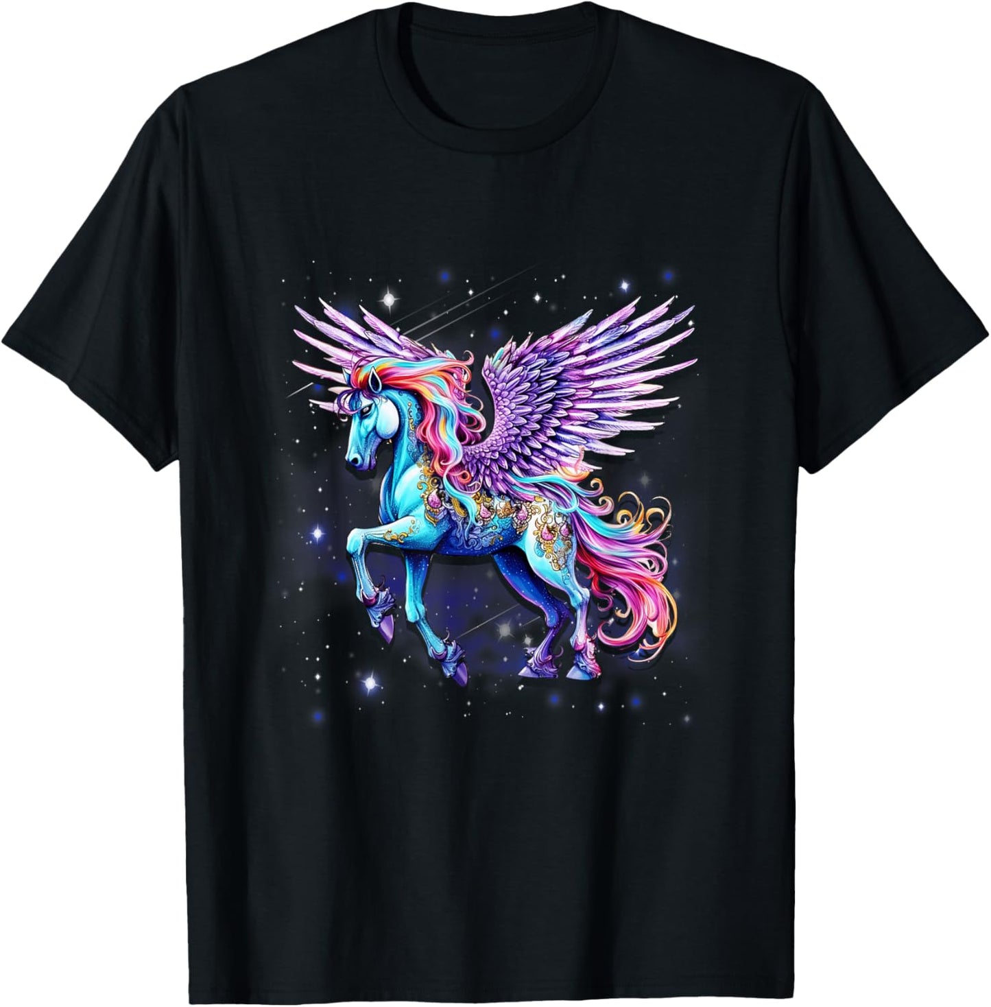 Rainbow Wings Unicorn Pegasus Fantasy Art T-Shirt - T-Shirt | Black
