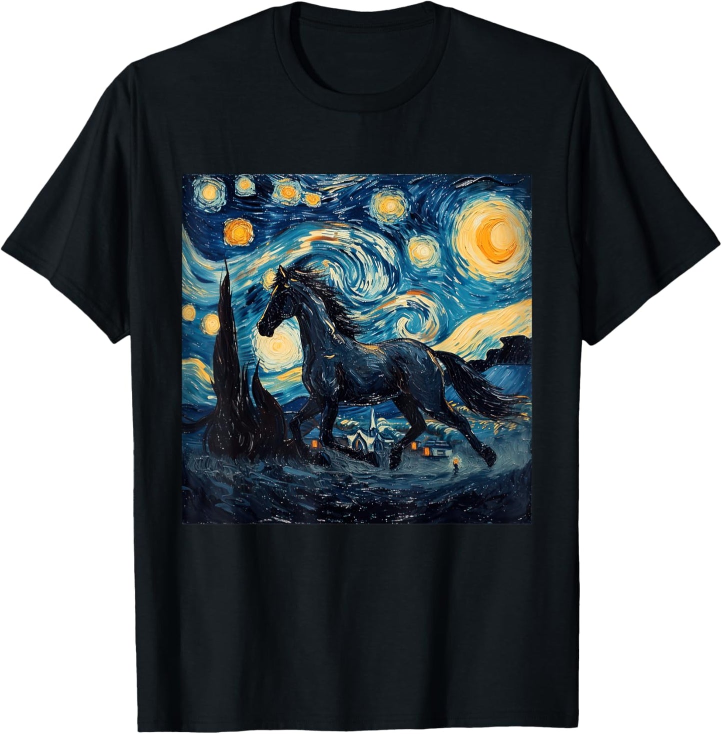 Horse Lover Van Gogh Style Starry Night Graphic T-Shirt - T-Shirt | Black