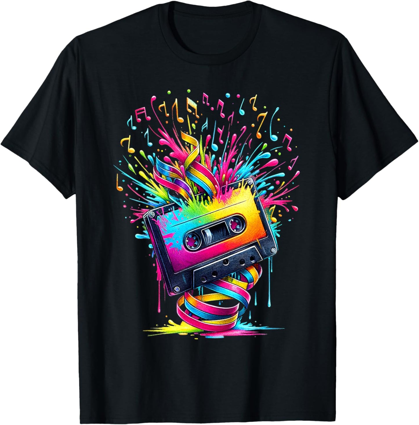 80s 90s Music Notes Cassette Tape Music T-Shirt - T-Shirt | Black