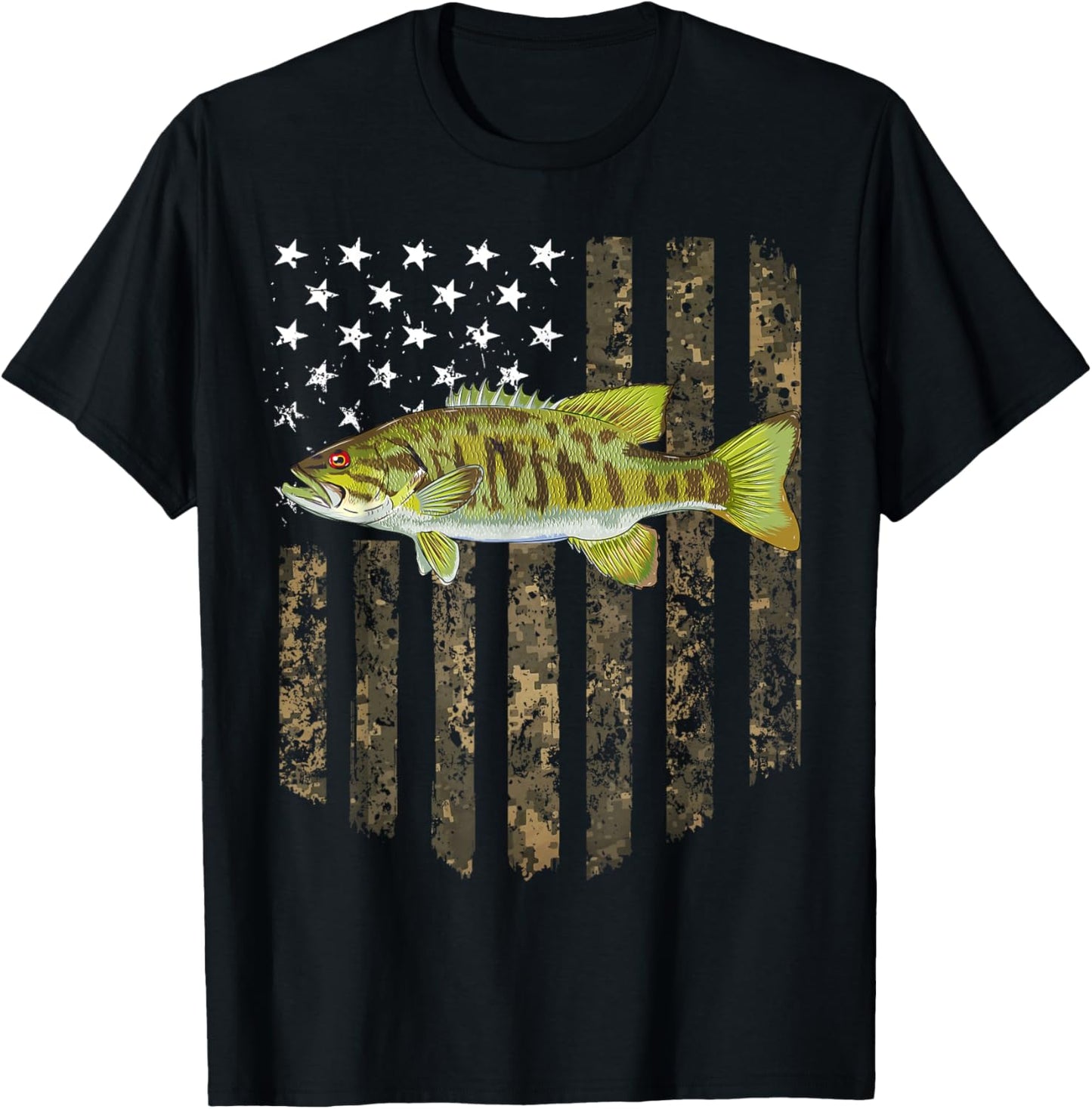 Camo American Flag Smallmouth Bass Fishing 4th Of July T-Shirt - T-Shirt | Black