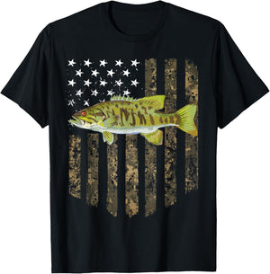 Camo American Flag Smallmouth Bass Fishing 4th Of July T-Shirt - T-Shirt | Black