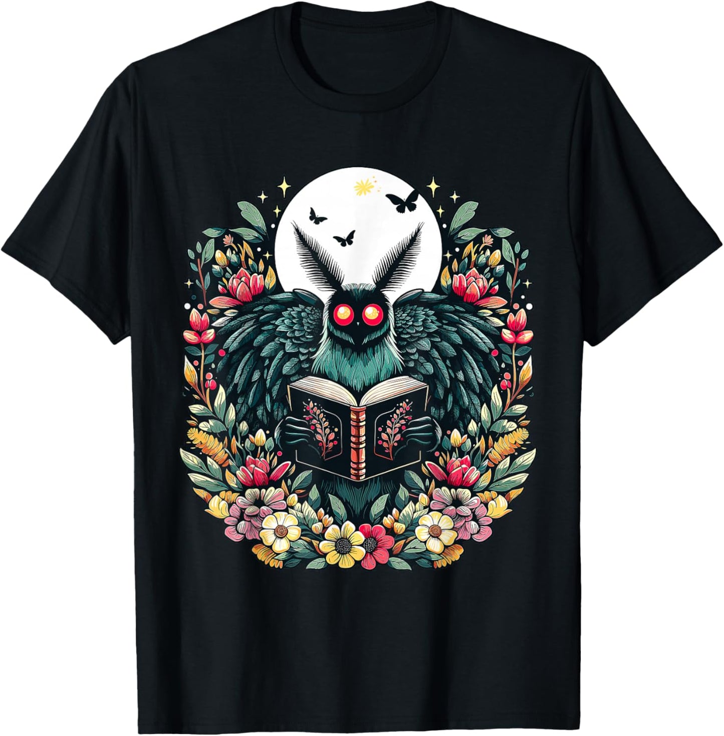 Cottagecore Aesthetic Mothman Book Lover Camping T-Shirt - T-Shirt | Black