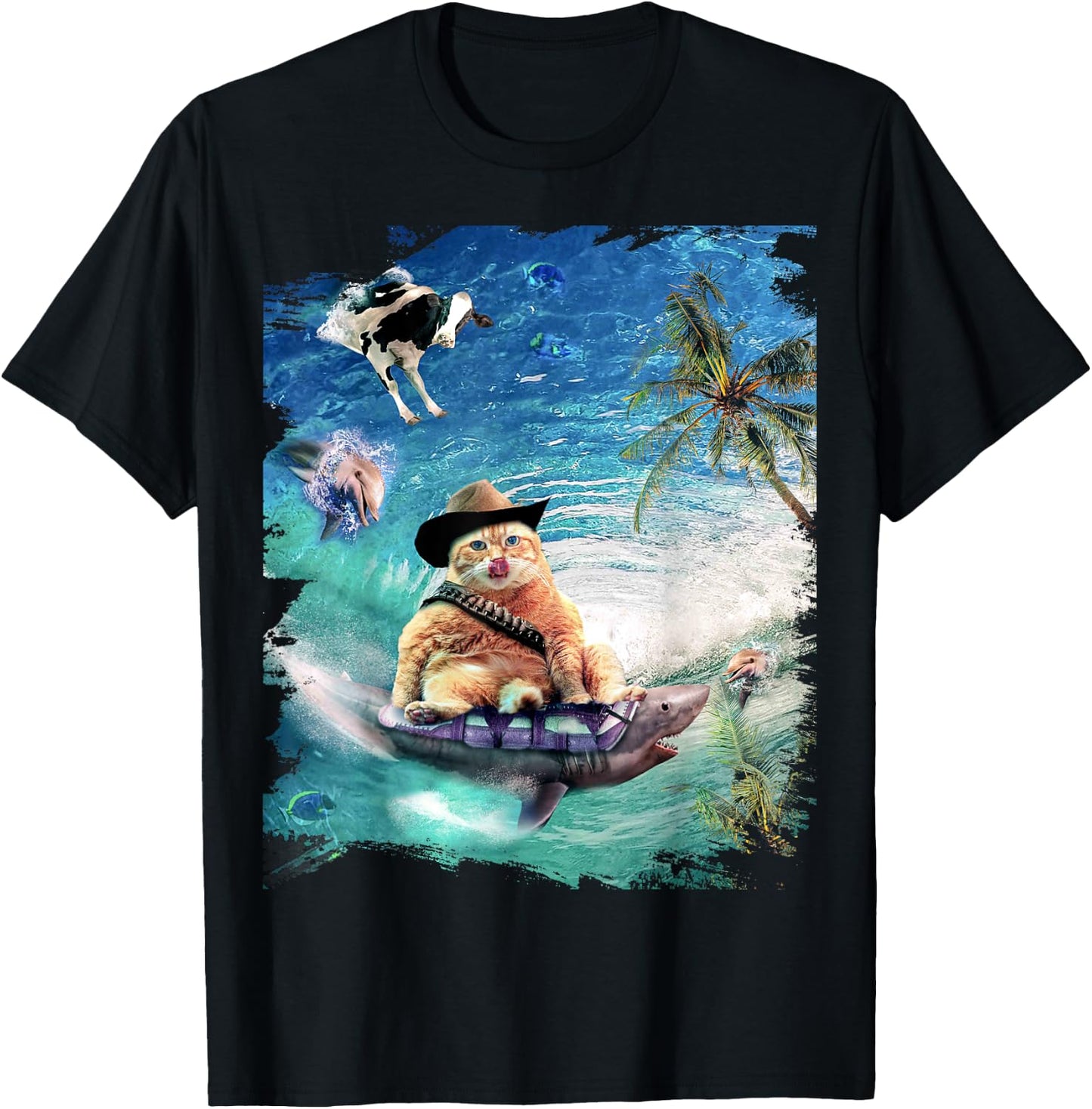 Surfing Cat Cowboy Riding Shark T-Shirt - T-Shirt | Black