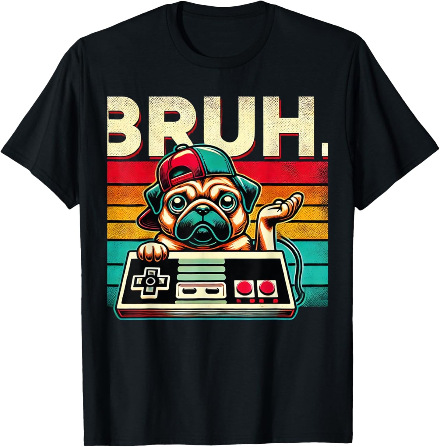Bruh Retro Vintage 80s Gaming Pug BRUH Funny Gamer Bruh Dog Men Women Kids T-Shirt - T-Shirt | Black