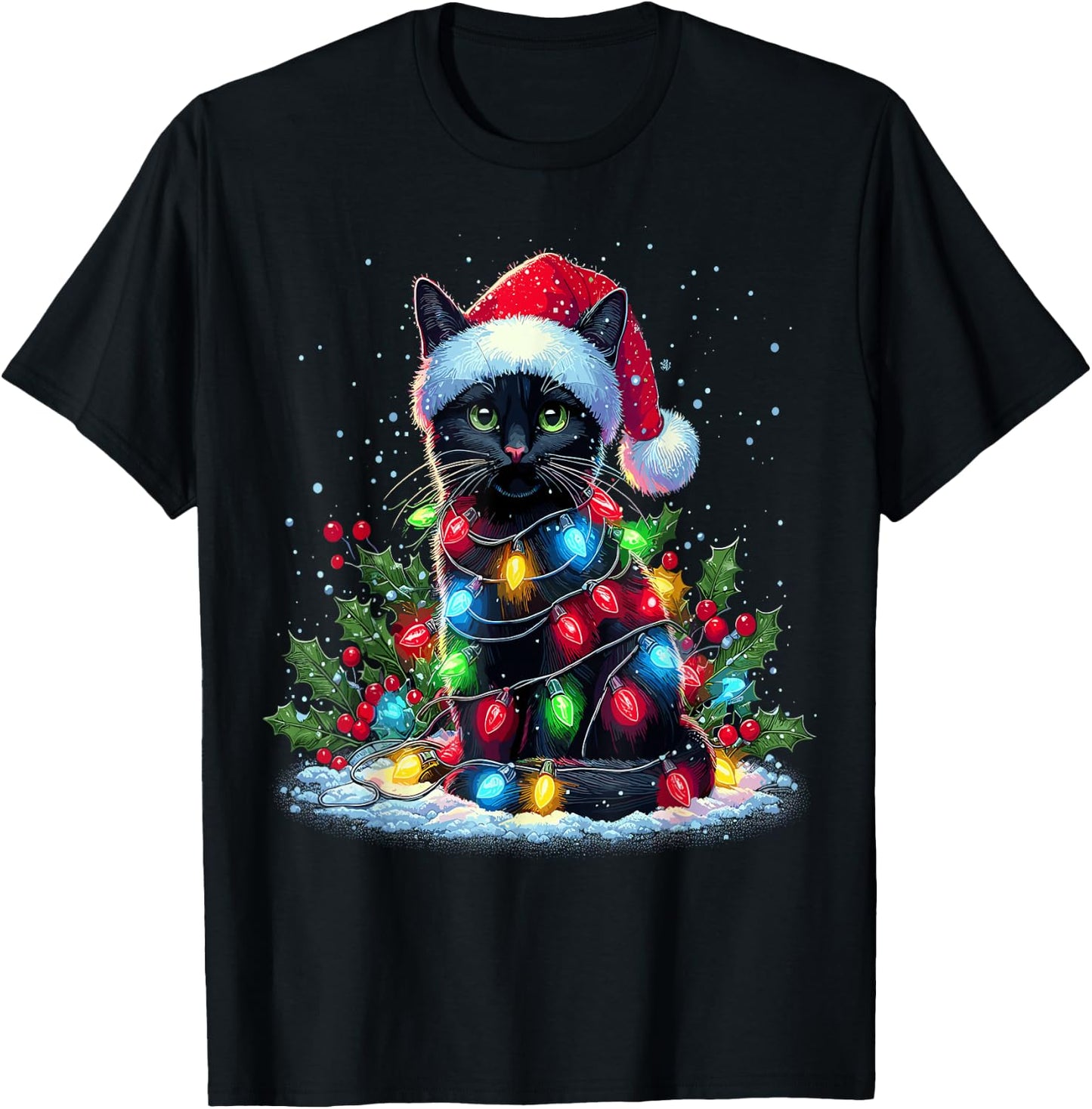 Black Cat Christmas Santa Hat Funny Meowy Cats T-Shirt - T-Shirt | Black