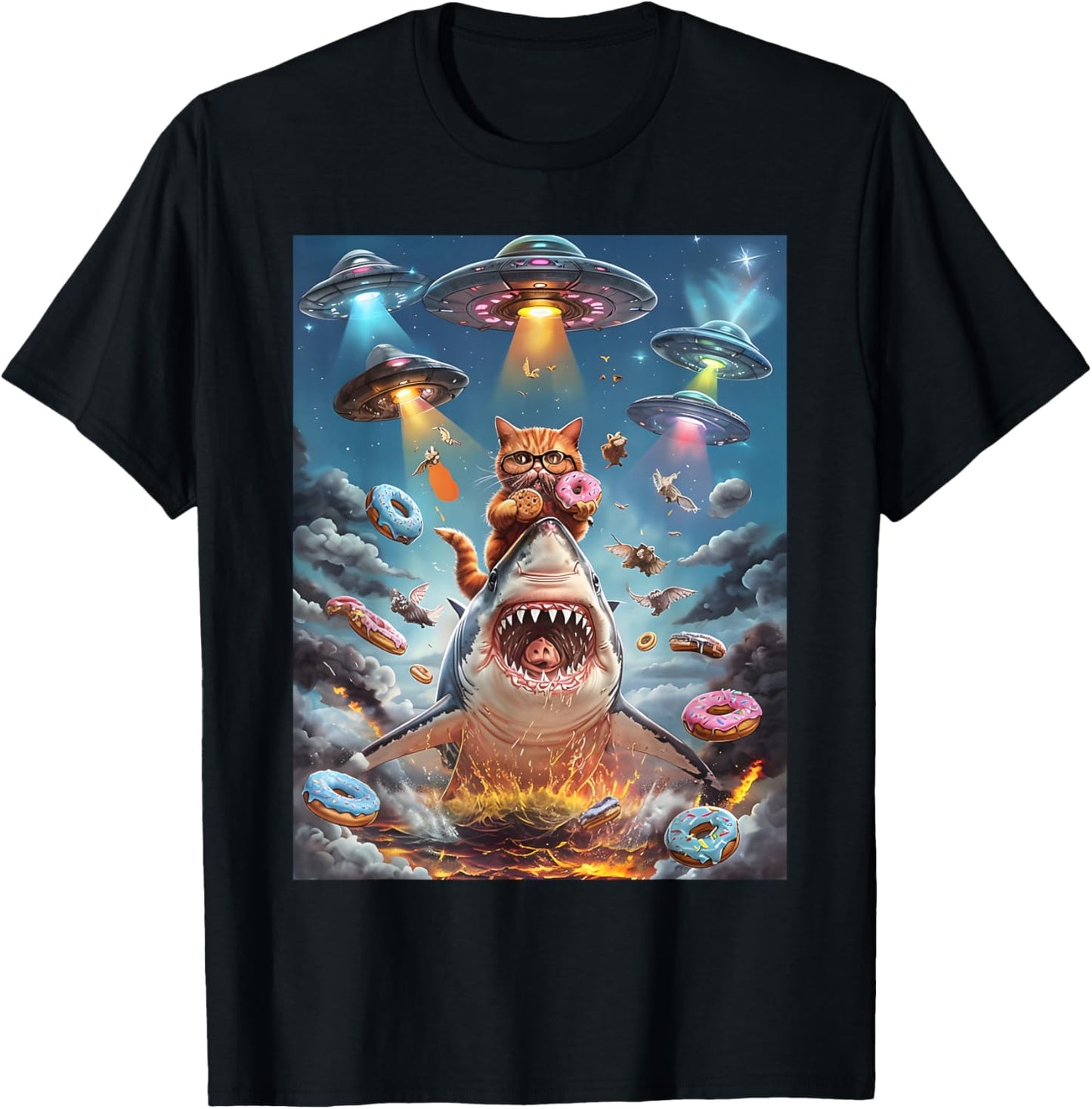 Funny Cat Riding Fire Breathing Shark Rainbow Birthday Kids T-Shirt - T-Shirt | Black