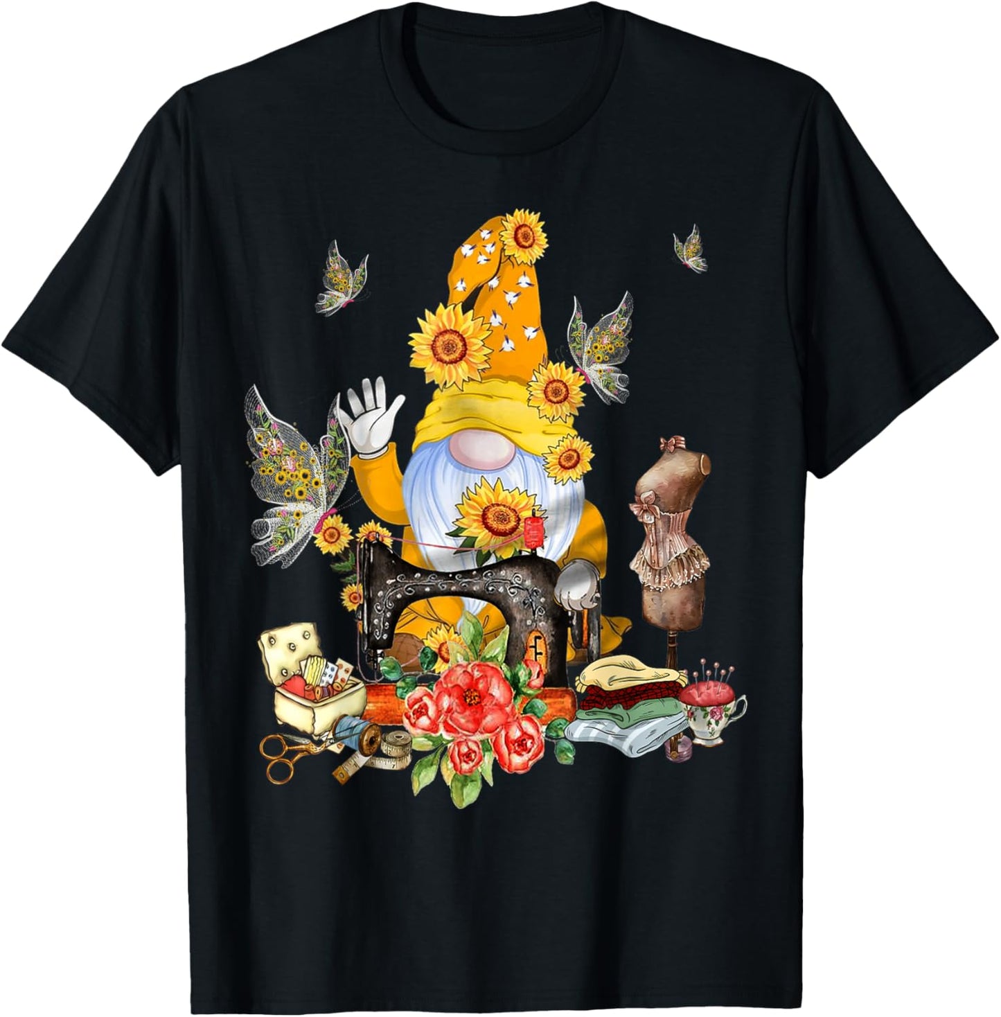 Gnome And Butterflies Quilting Funny Quilters Sewing Gnome T-Shirt - T-Shirt | Black