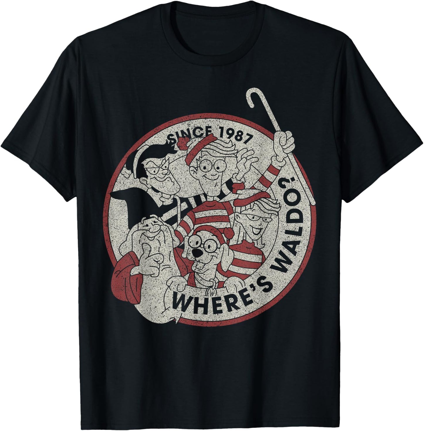Where's Waldo Vintage 1987 Main Cast Circle Logo T-Shirt - T-Shirt | Black