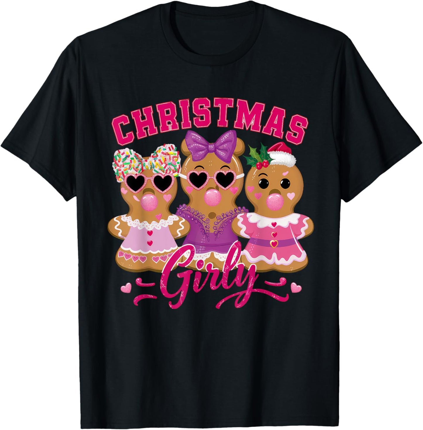 Coquette Bow Pink Gingerbread Christmas Girly Xmas Holiday T-Shirt - T-Shirt | Black