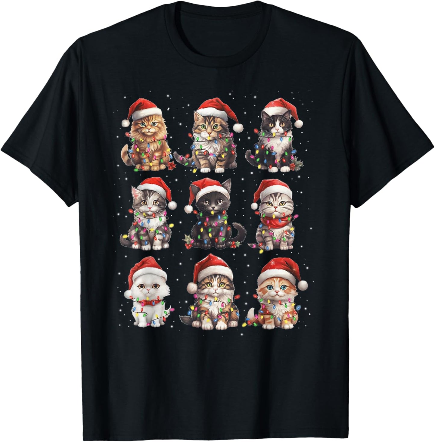 Santa Cats Tangled Up in Christmas Tree Lights Funny Cat Pet T-Shirt - T-Shirt | Black