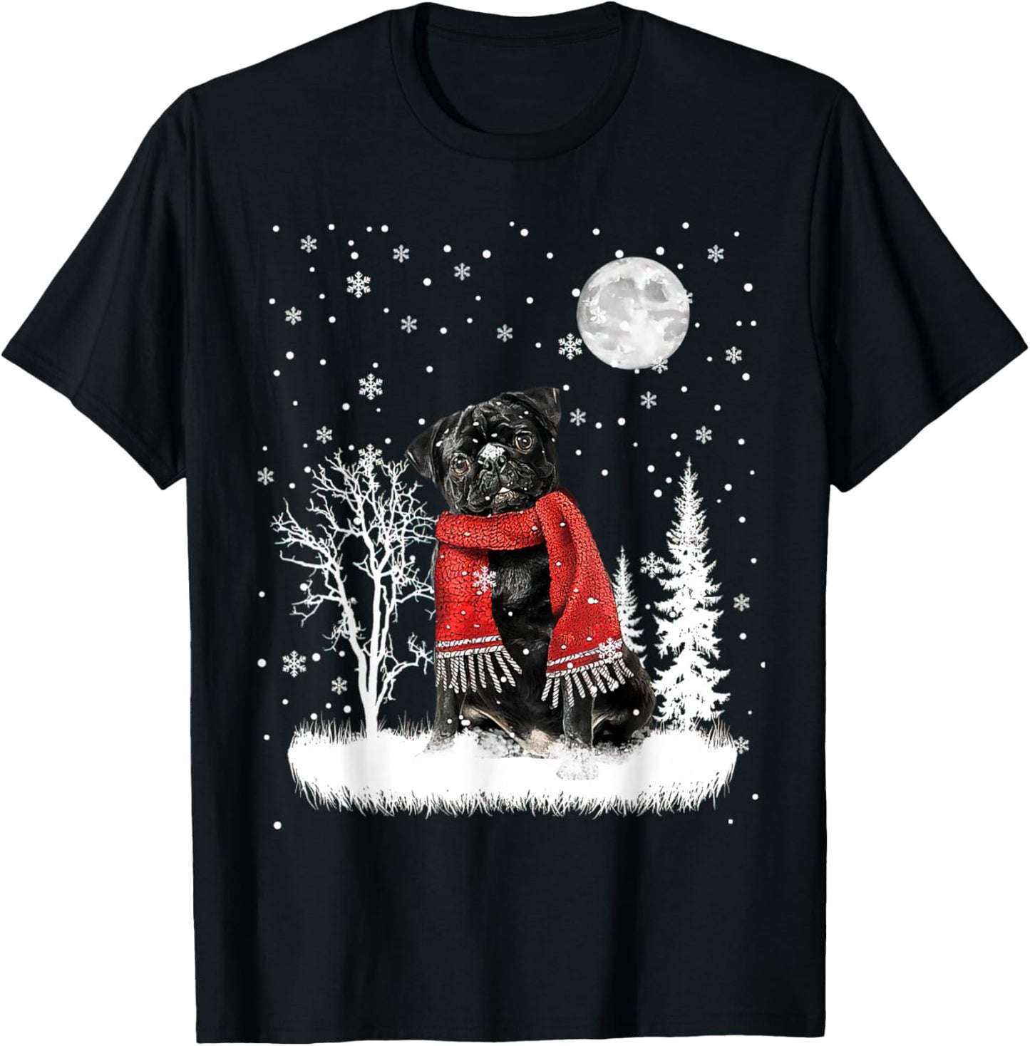 Pug Under Moonlight Snow Christmas Pajama T-Shirt - T-Shirt | Black