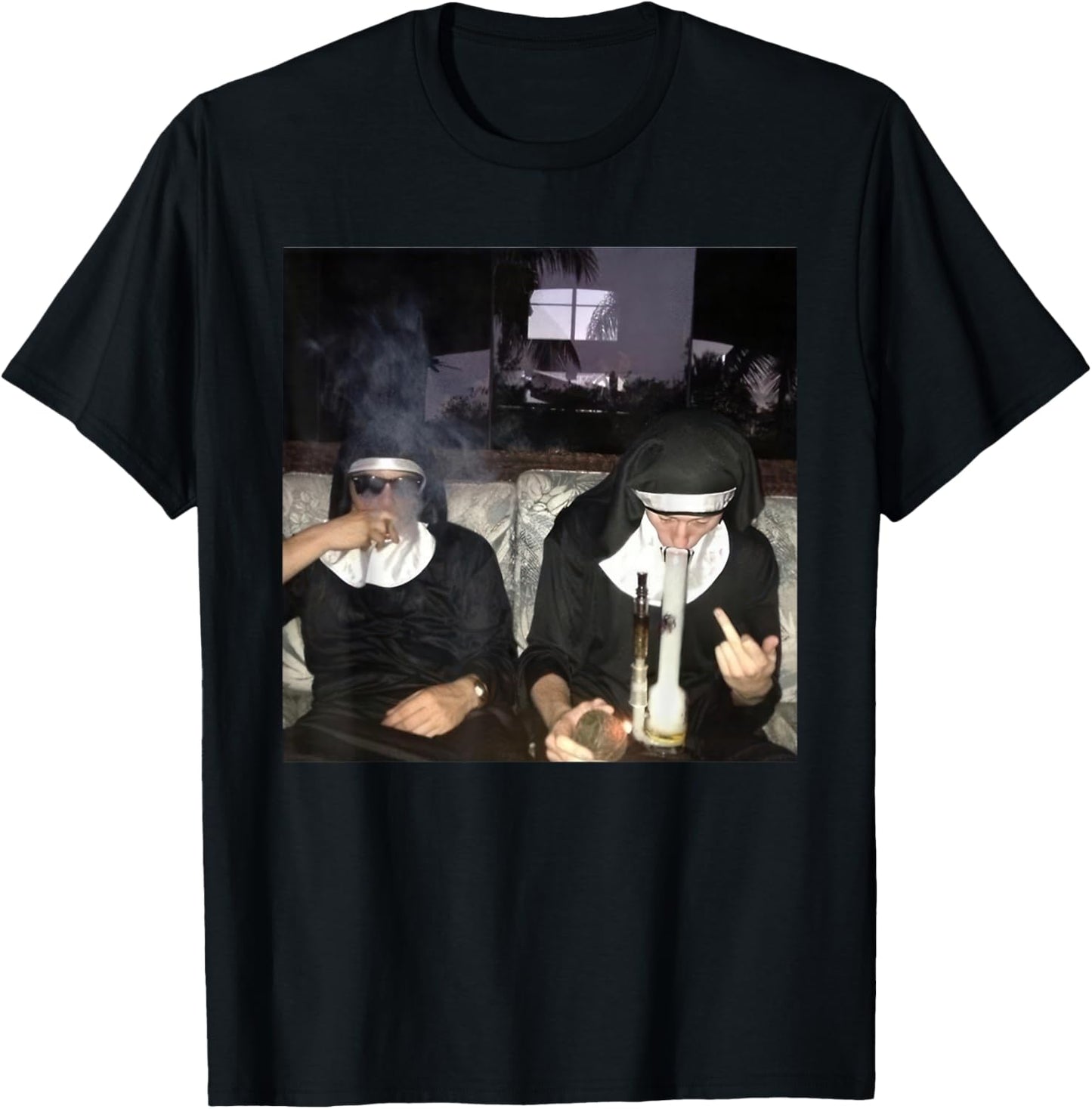 Vintage Nuns Smoking Cigarette Bong Funny Drug Nun T-Shirt - T-Shirt | Black