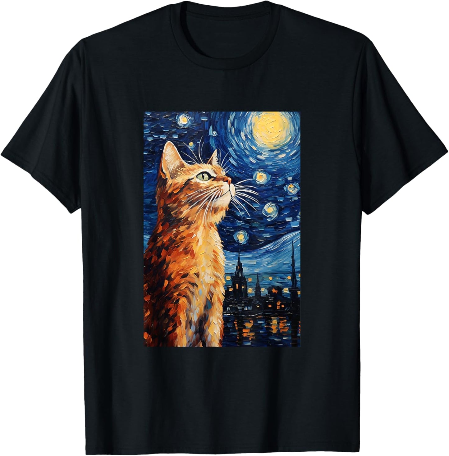 Cute Cat - Van Gogh Style - Starry Night Women Girls Kids T-Shirt - T-Shirt | Black