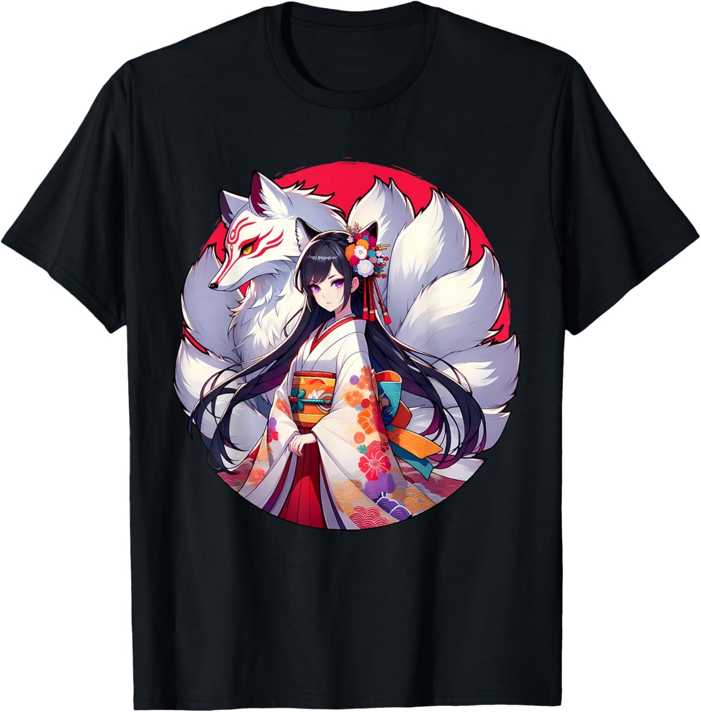 Japanese Anime Girl With Kitsune Nine Tailed Fox T-Shirt - T-Shirt | Black