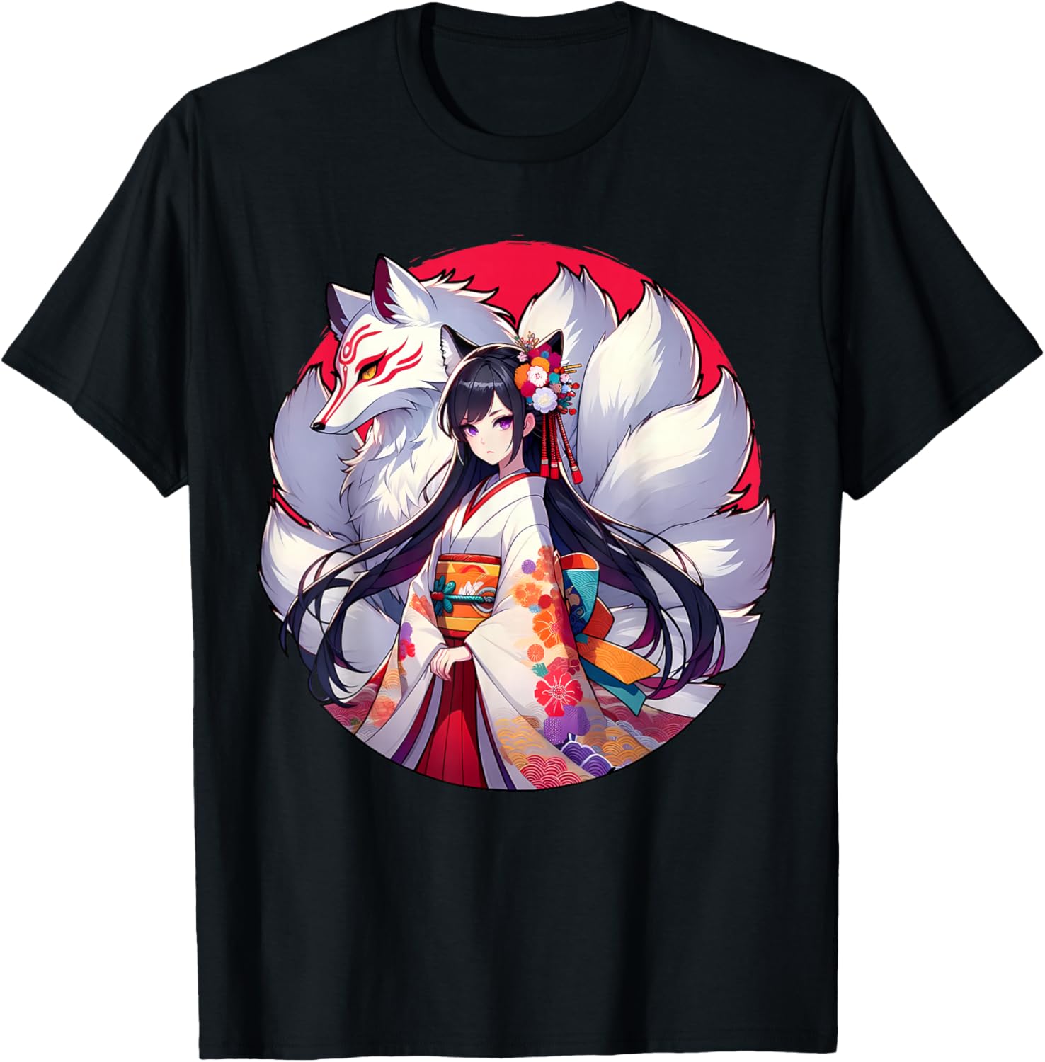 Japanese Anime Girl With Kitsune Nine Tailed Fox T-Shirt - T-Shirt | Black
