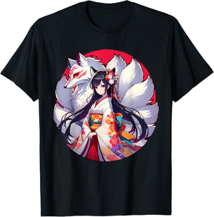 Japanese Anime Girl With Kitsune Nine Tailed Fox T-Shirt - T-Shirt | Black
