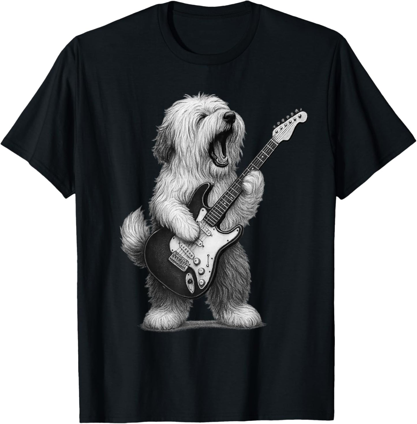 Old English Sheepdog Playing Guitar Rock Music Dog Lover T-Shirt - T-Shirt | Black