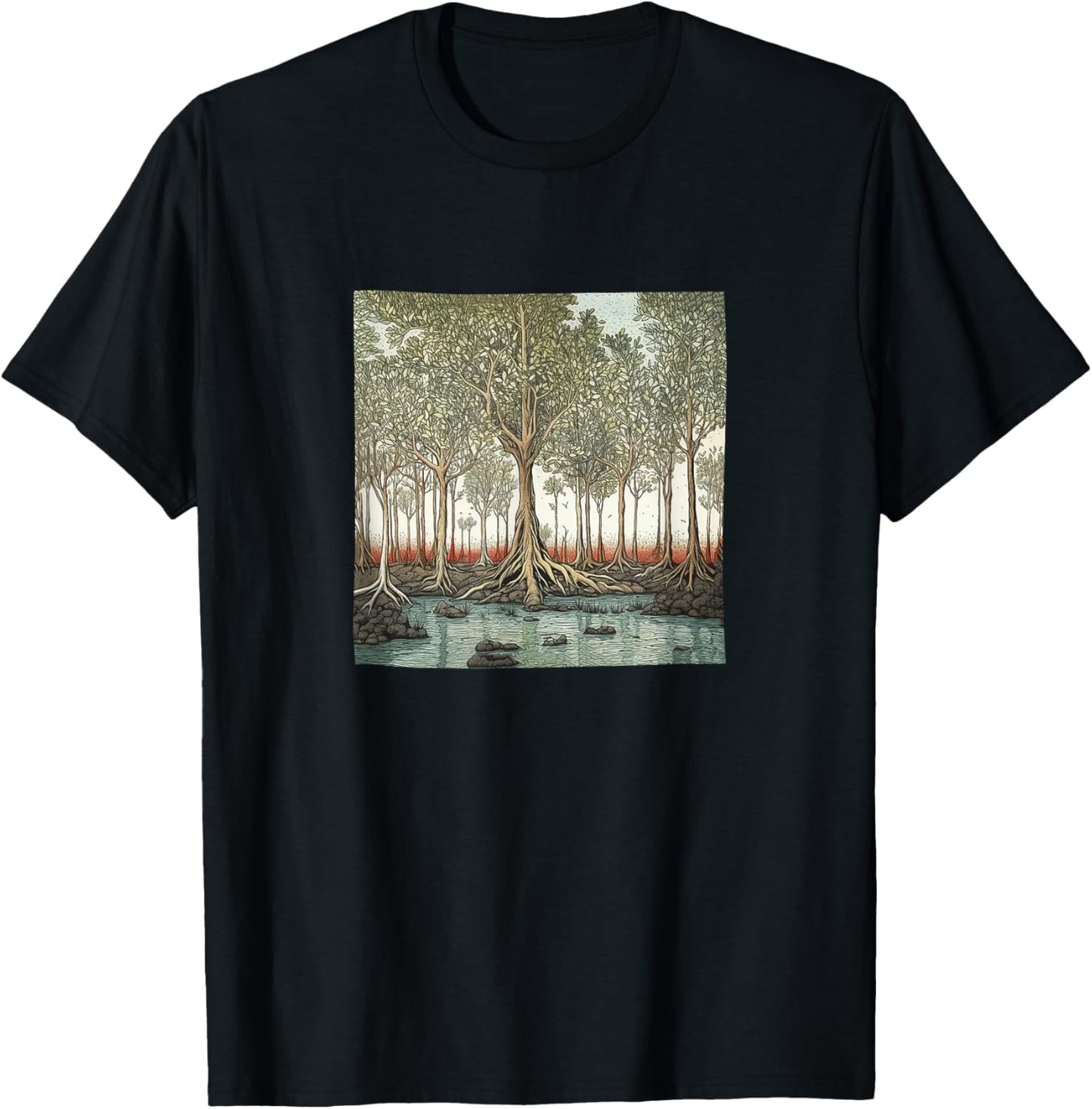 Mangrove Forest Vintage Landscape Graphic T-Shirt - T-Shirt | Black