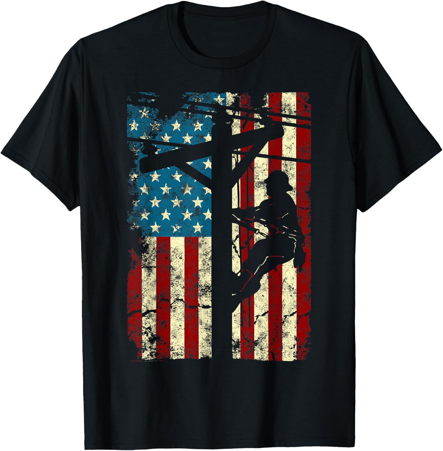 American Flag Electric Cable Lineman gift 4th of July T-Shirt - T-Shirt | Black
