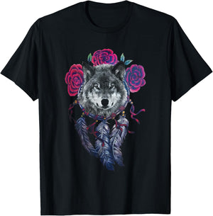 Wolf Dream Catcher Spiritual Feathers Wolf Lover T-Shirt - T-Shirt | Black
