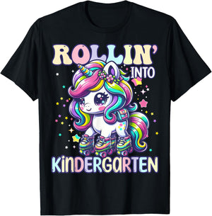 Kindergarten Back To School First Day Girls Rollin Unicorn T-Shirt - T-Shirt | Black