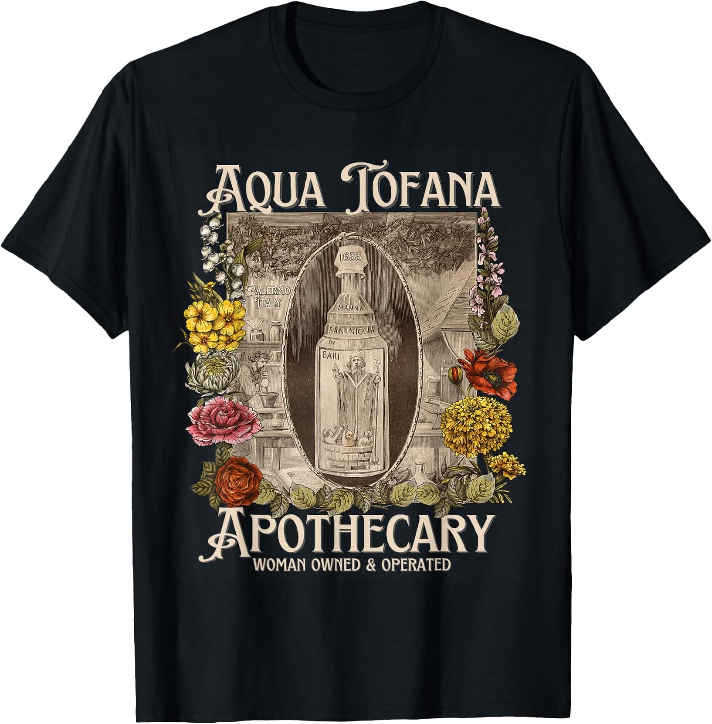 Vintage Aqua Tofana Apothecary Historical Feminist Mystery T-Shirt - T-Shirt | Black