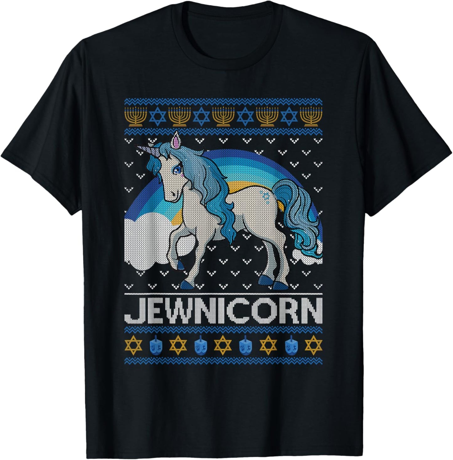 Funny Jewnicorn Jewish Unicorn Menorah Ugly Hanukkah Sweater T-Shirt - T-Shirt | Black