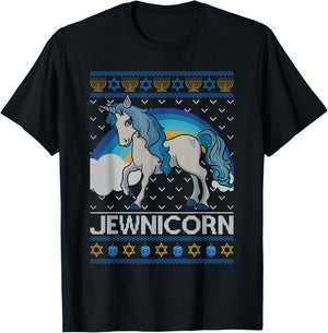 Funny Jewnicorn Jewish Unicorn Menorah Ugly Hanukkah Sweater T-Shirt - T-Shirt | Black
