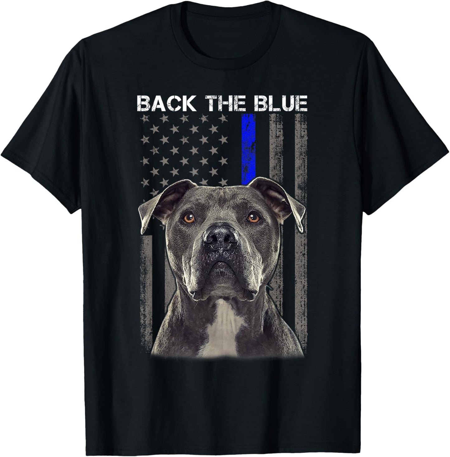Back The Blue Thin Blue Line USA Flag Pitbull Police Support T-Shirt - T-Shirt | Black