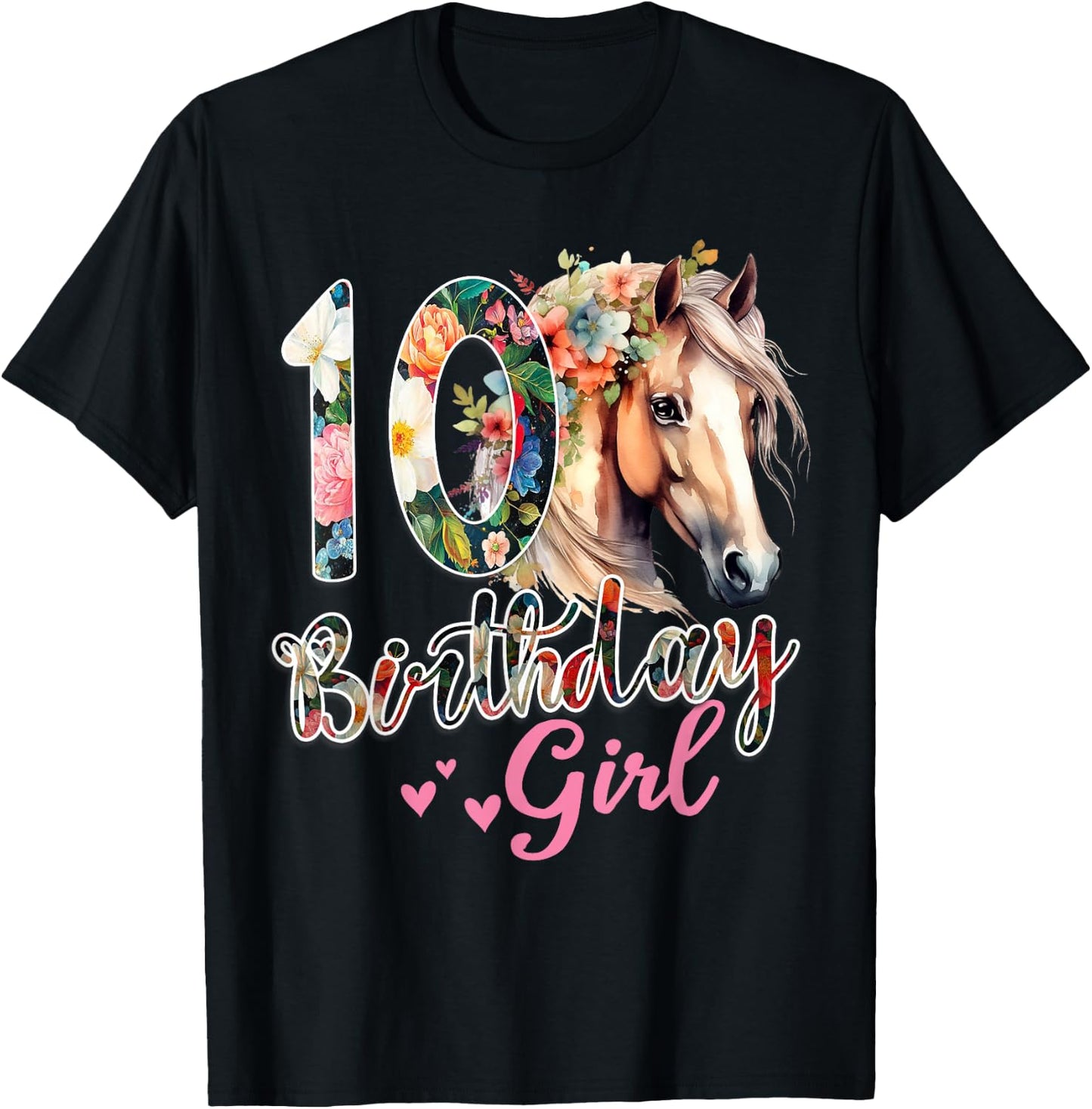 10th Birthday Horse 10 Years Old Birthday Girl T-Shirt - T-Shirt | Black