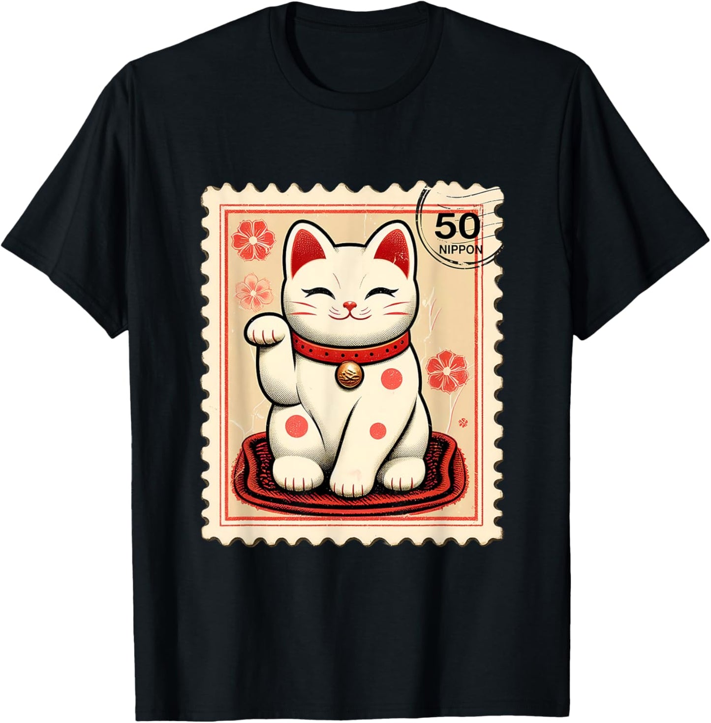 Maneki Neko Japanese Kawaii Lucky Cat Stamp Retro Aesthetic T-Shirt - T-Shirt | Black