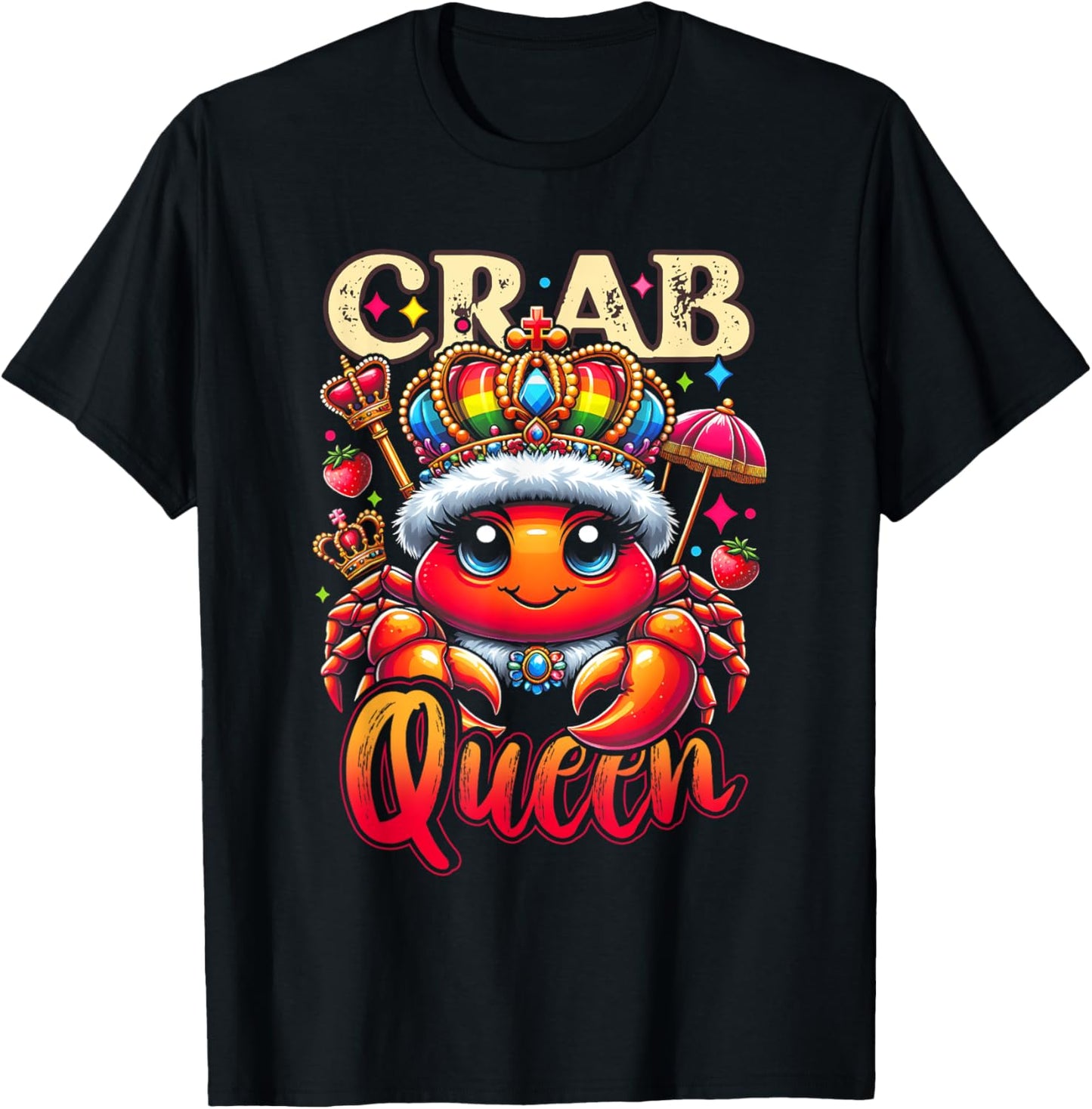 A Crab Wearing A Cloak And A Crown Crab Queen Cartoon Art T-Shirt - T-Shirt | Black