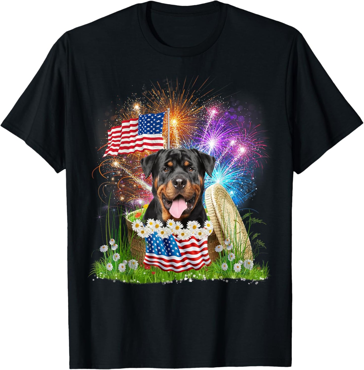 Rottweiler Patriotic American Flag Fireworks 4th Of July T-Shirt - T-Shirt | Black