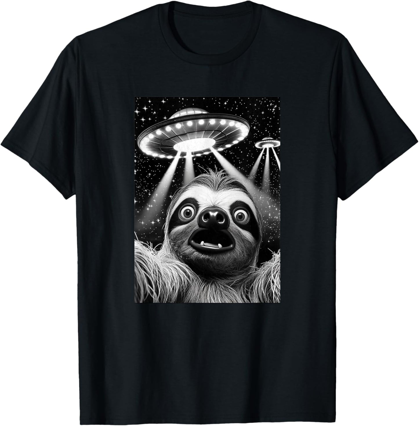 Sloth UFO | Funny Invasion Meme Retro Alien Sloth UFO Selfie T-Shirt - T-Shirt | Black